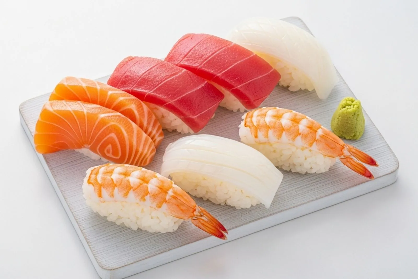 Assorted nigiri sushi platter with salmon, tuna, squid and shrimp with wasabi